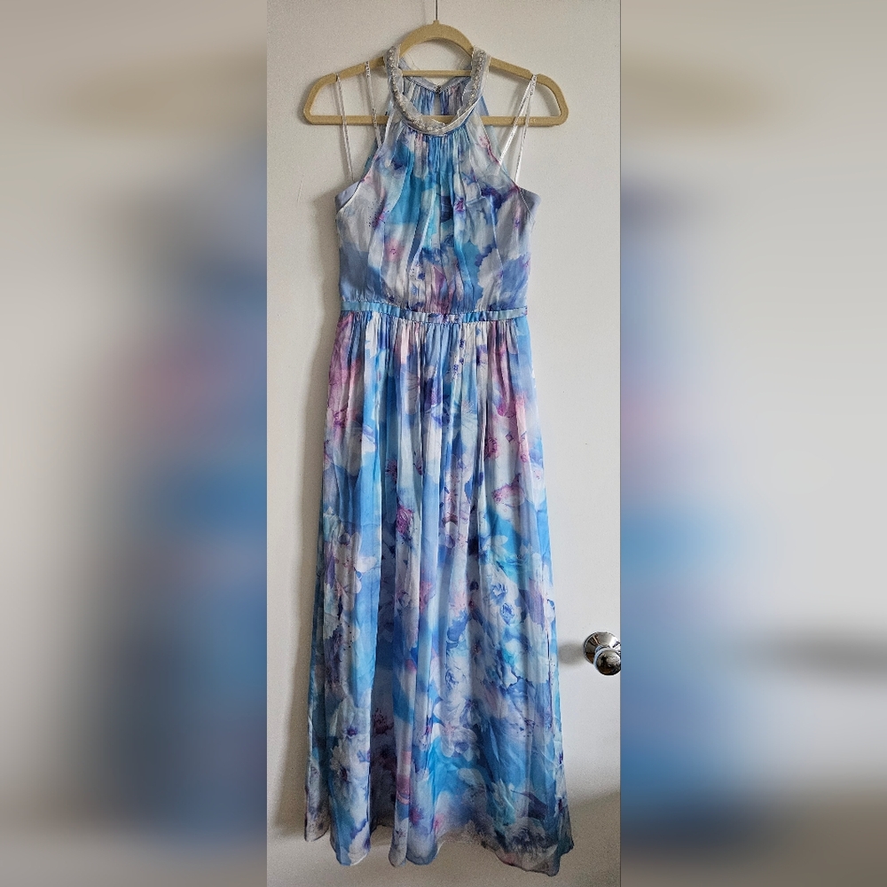 Forever New Blue Watercolor Halter Maxi Dress